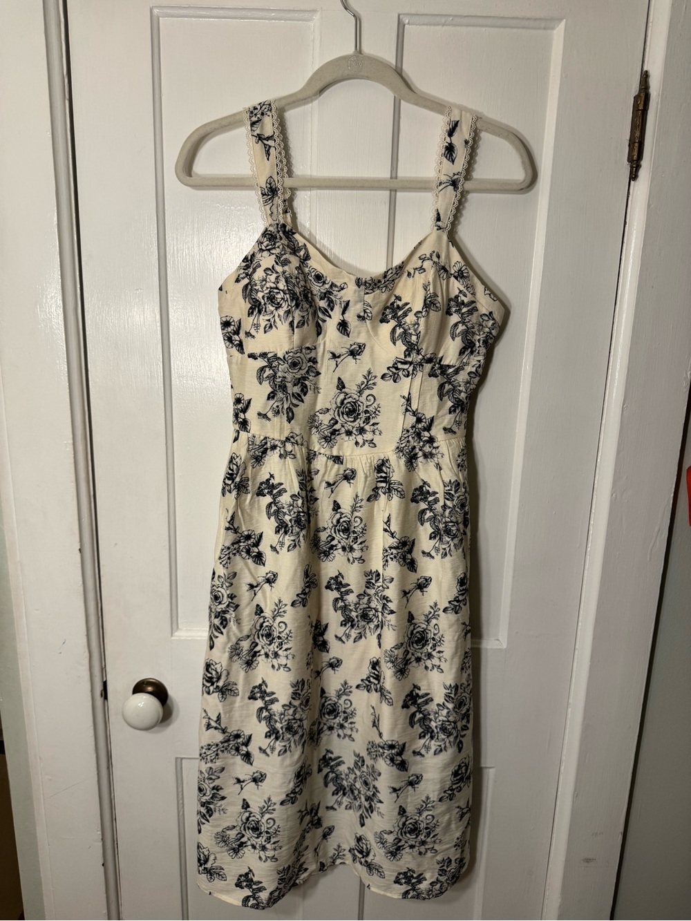 Women’s Cream Floral Sundress with Navy Floral Print.  Size M
